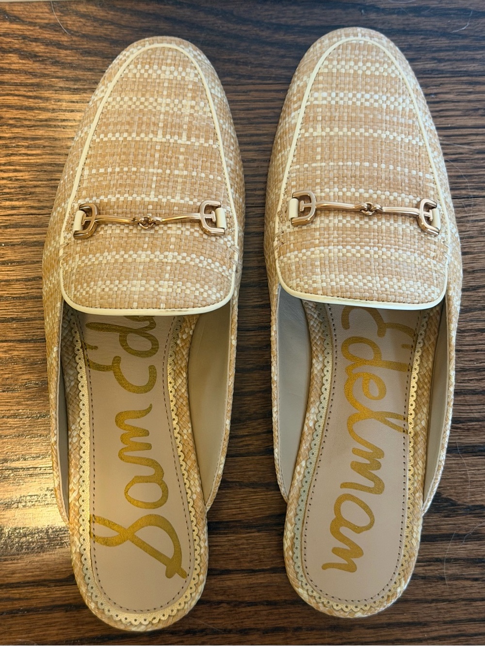 Sam Edelman Beige Woven Bit Loafer Mules with Gold Hardware